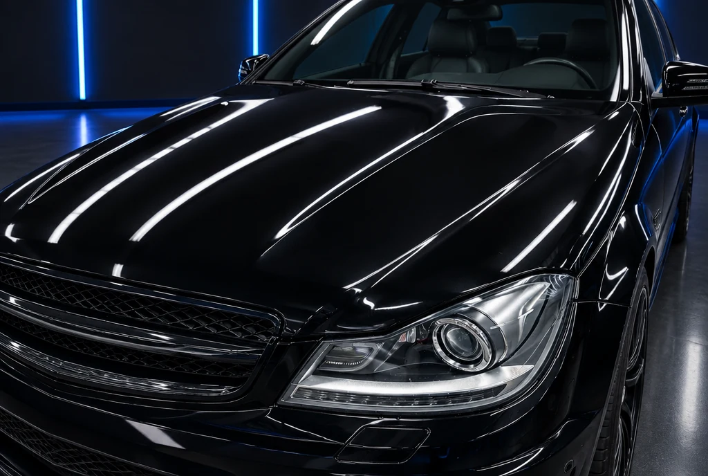 Svart Mercedes C63 spegelblank efter polering